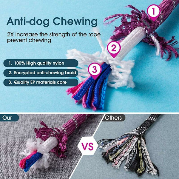 Hundehalsbånd, 1,5 m tau nylon hundebånd med komfortabelt polstret håndtak og natt svært reflekterende tråder egnet for alle hunder (lilla)
