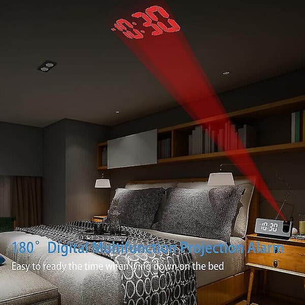 LED-speilprojeksjonsvekkerklokke termometer digital rotert display USB svart