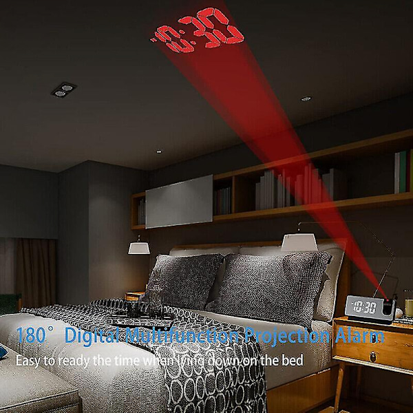 Led-spejlprojektionsvækkeurtermometer digitalt roteret display Usb sort