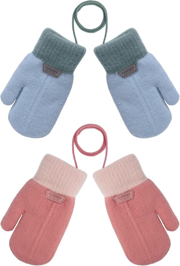 Barnens stickade vantar vintertjocka vantar med dragsko varma vinterhandskar med fleecefoder vintertermiska vantar för 1-3 år gamla pojkar och flickor 2 par 14*6CM (blå och rosa)