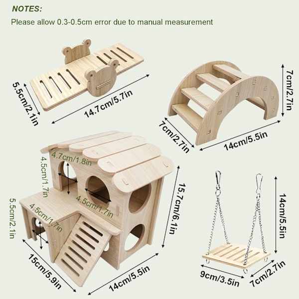 Set med 4 trähamstert leksaker, hamster spel inklusive hamster hus gunga bro, hamster tillbehör marsvin chinchilla rysk hamster