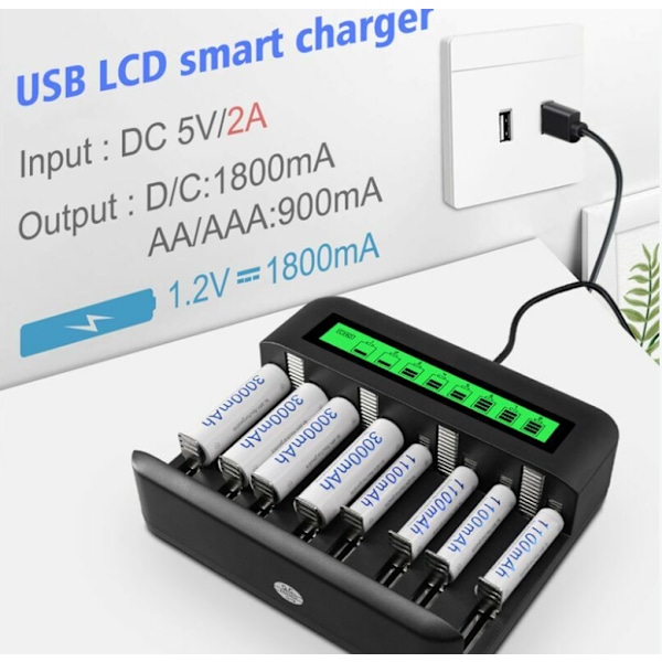 Snabb LED Universell Batteriladdare med Flera Fack, Batteriladdare för AA/AAA/C/D NI-MH NI-CD Uppladdningsbara Batterier med USB-Port