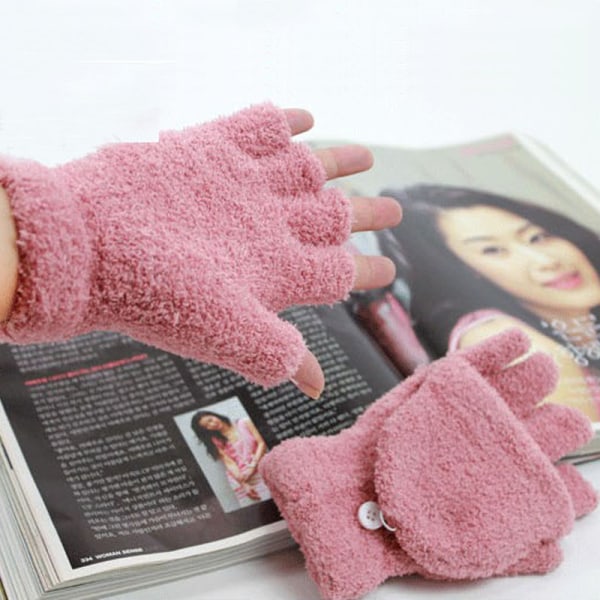 Unika tum- och fyrkanthanskar i ett i mjukt material fleece 2 i 1 rosa one size