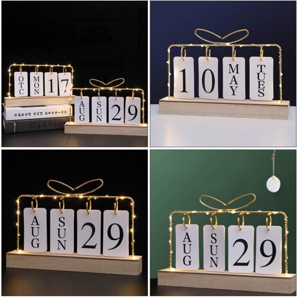 Vintage Trä Skrivbord Perpetual Led Kalender Planerare Vecka Datum Disp