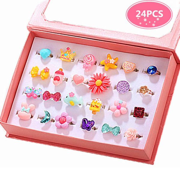 Barn Resin Cartoon Sten Ring Flickor Ring Set 24 st