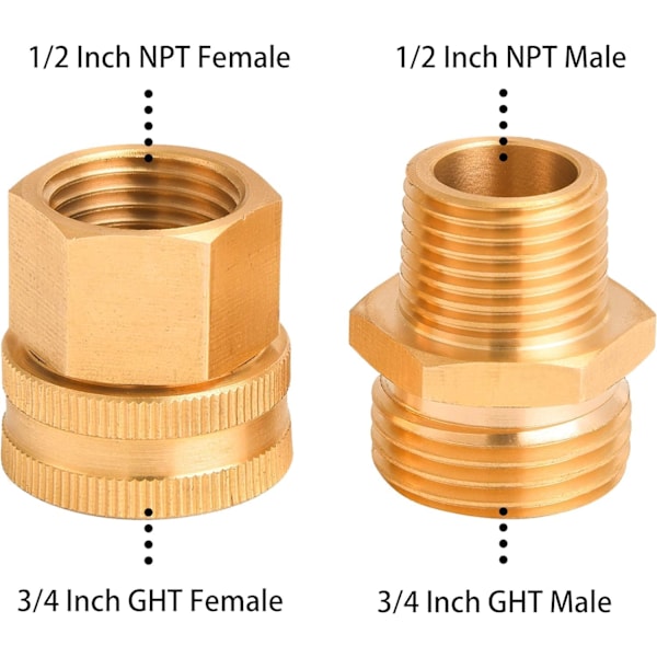 3/4\" GHT til 1/2\" NPT haveslangeadapter, dobbelt han- og hun- messingkobling, med 8 ekstra spændeskiver