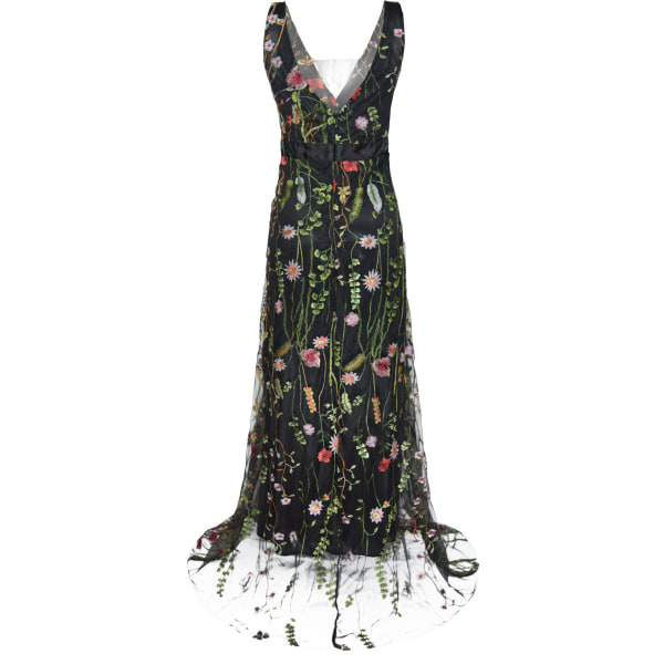 Brodert maxikjole for kvinner, sexy dyp V-hals, floral boho-rygg