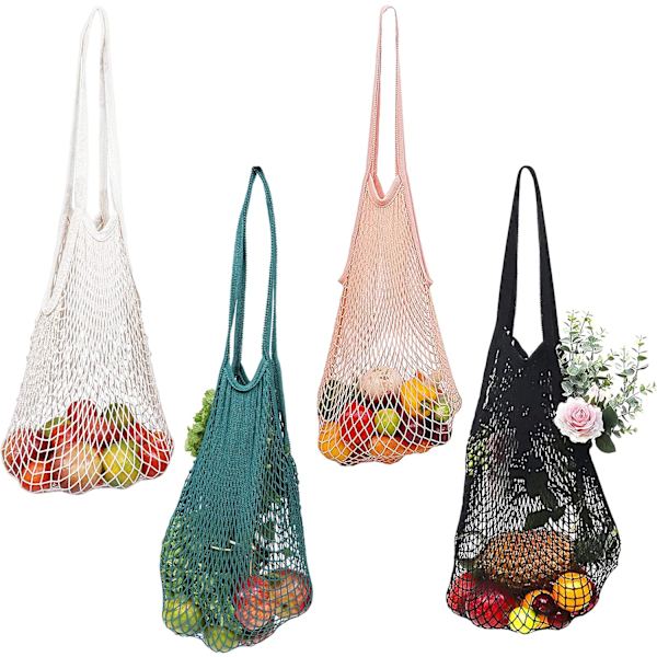 Mesh Shopping Net (4 Pack) - Cotton Shopping Bag with Handle - Portable, Reusable and Washable Shopping Net - Fruits, Vegetables, Groceries and Beach