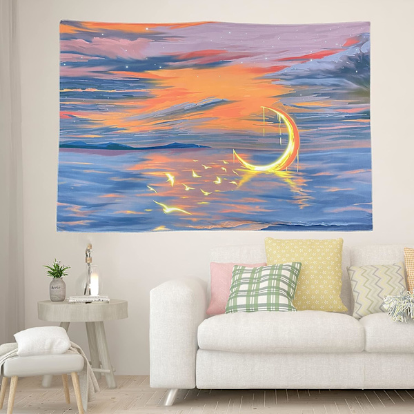 Estetisk väggbonad för rumsdekoration, måne som stiger över havet, landskapstapet, hippie-boho-tapeter för sovrum 150*100 cm