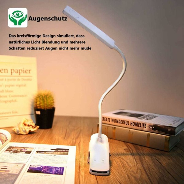Läslampa, 24 LED USB-laddningsbar klämlampa 3 färger och 3