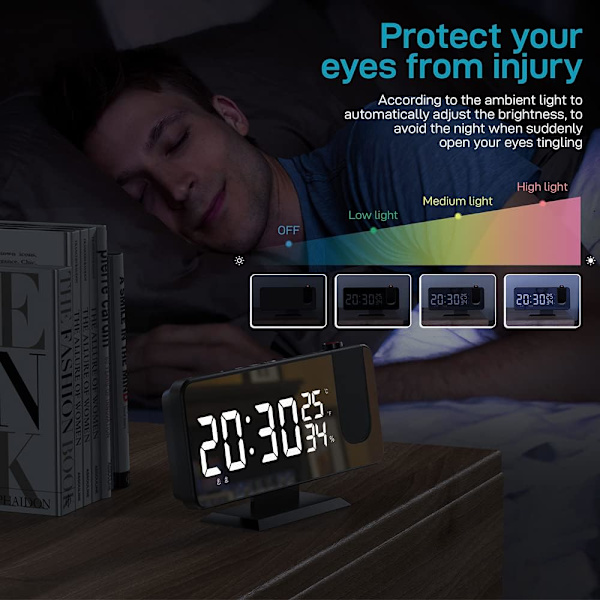 Projektionsväckarklocka för sovrum, 7,4\" stor LED-spegeldisplay