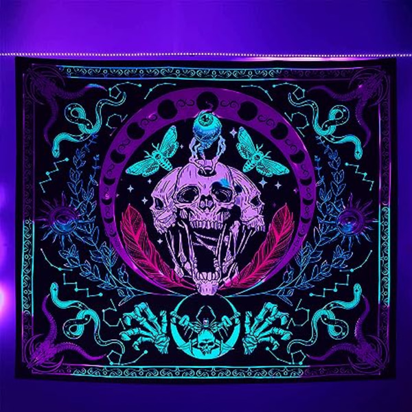 Dödskalle Blacklight-gobeläng, UV-reaktivt skelett Halloween-gobeläng