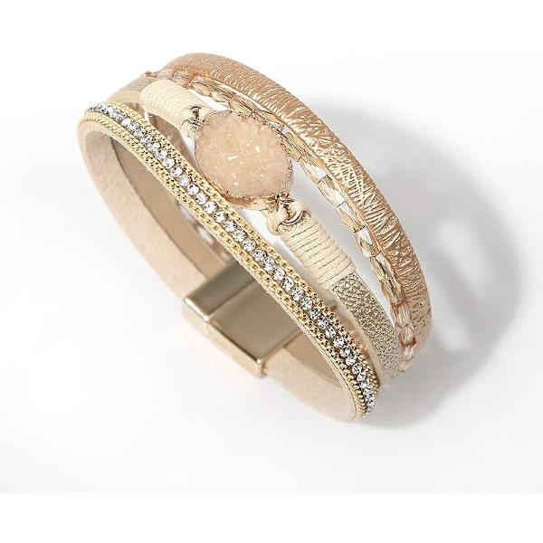 Læder Wrap Armbånd Boho Manchet Armbånd Krystal Perle Armbånd med Magnetisk Lås til Kvinder