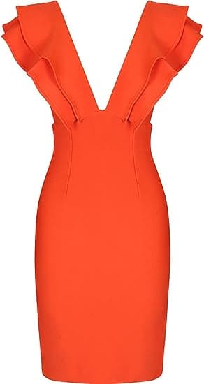 Kvinde Ruffle Kortærmet Plunge V-hals Bodycon Kjole Tilbage Split