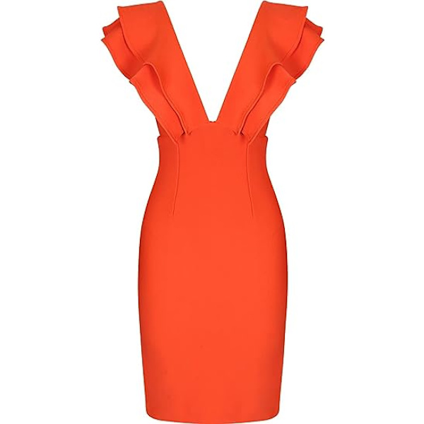 Kvinners Ruffle Korte Ermer Plunge V-hals Bodycon Kjole Bak Split