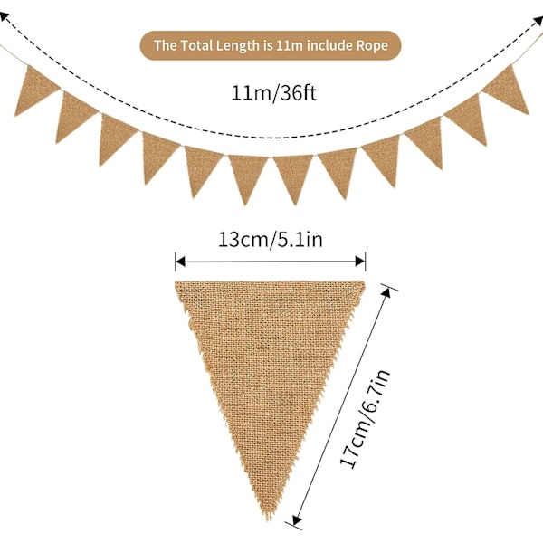 11 meter hessian banner, vimpelguirlande, 48 stk. hessian vimpelguirlande, trekantflag til bryllupper, fester, dåbsdekoration (13 x 17 cm)