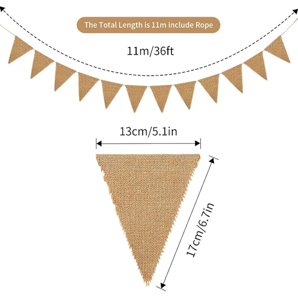 11 meter lång jutestavla, vimpelgirlang, 48 st jutestavla, triangelflagga för bröllop, fester, dopdekoration (13 x 17 cm)