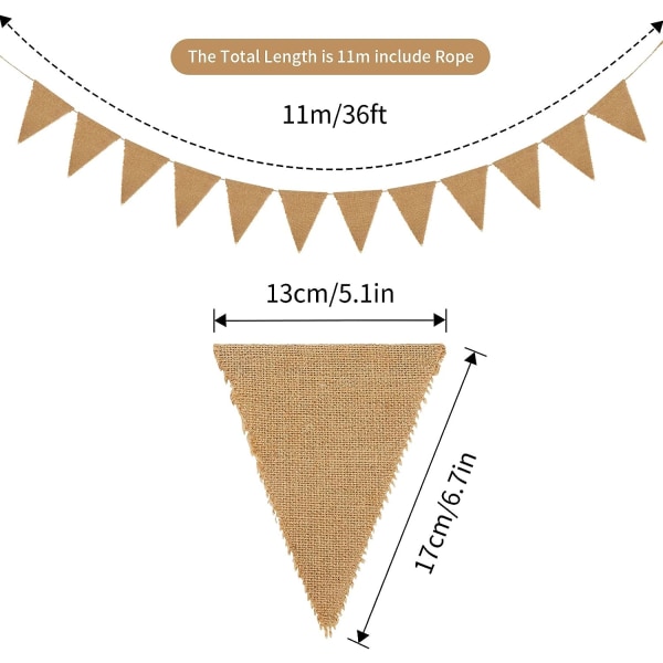 11 Meters Burlap Banner, Pennant Garland, 48 pcs Jute Pennant Gar