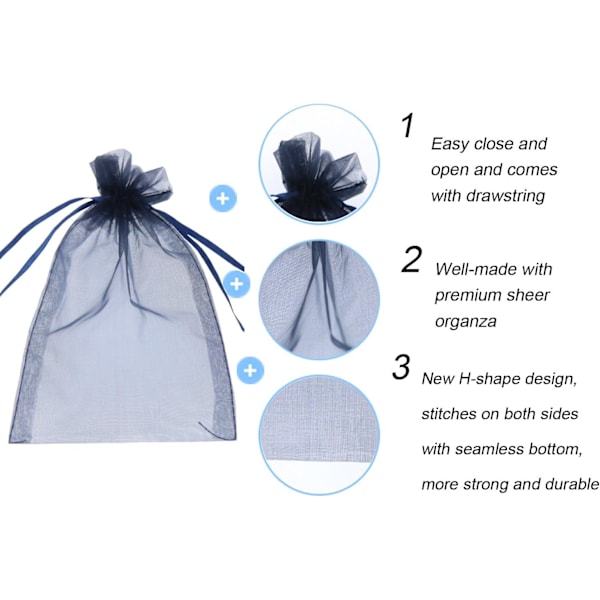 100 läpinäkyvää organza-lahjapussia satiininauhalla 10 x 15 cm. Käytetään karkkipusseina, korupusseina, juhlalahjapusseina (sininen)