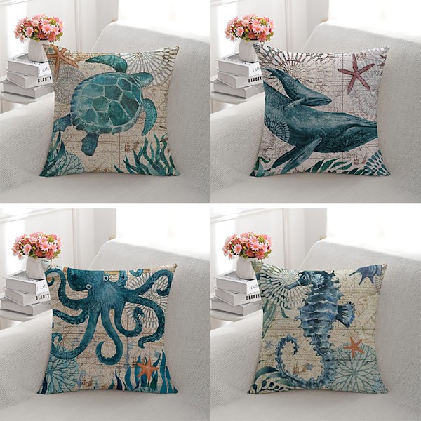 Set med 4 kuddfodral med sjödjursmönster 45x45cm linnedekor