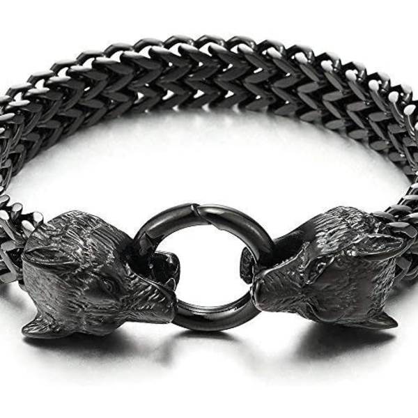 Herrar Rostfritt Stål Varg Huvud Franco Länk Kedja Armband med Fjäderring Spänne 8.7\", Rostfritt Stål