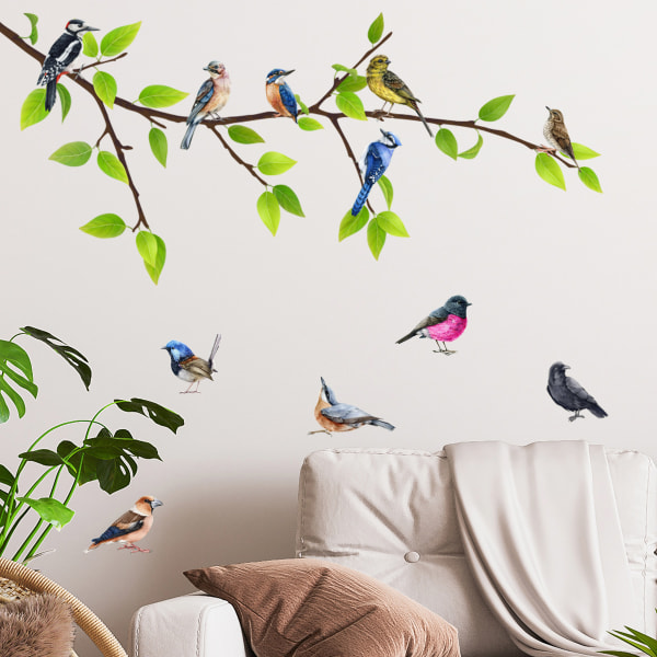 En set av fågelträdgren väggdekaler dekorativa klistermärken, vägg