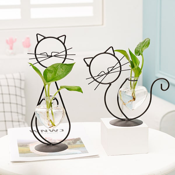 Glas katt med hjärtformad vas, växtterarium