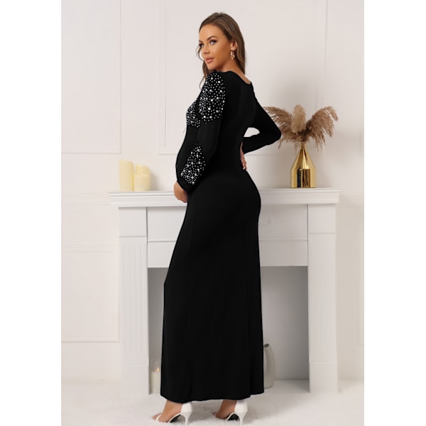 Maternity Langærmet V-hals Rhinestone Faux Wrap Maxi Kjole(Sort-XL)