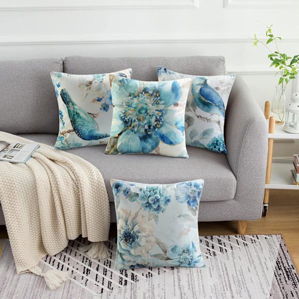 4 kappaletta koristeellinen neliön muotoinen tyynynpäällinen kukka- ja lintukuvio 45 x 45 cm sohva auto koti sisustus tyynynpäällinen sininen