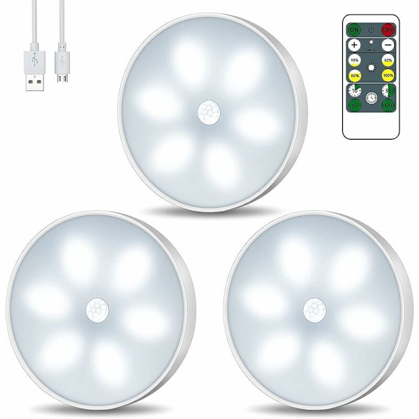 LED nattlys skaplampe, USB oppladbar 3-pak trådløs nattlys med berøringskontroll og fjernkontroll dimbar lysstyrke drevet skaplampe