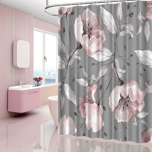 Elegant Pink Floral Shower Curtain Grey Leaf Floral Grey Fabric S