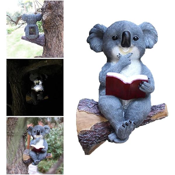 Solbjørn, der læser en bog, havefigur, koala-bjørn, solcelledrevne LED-lys