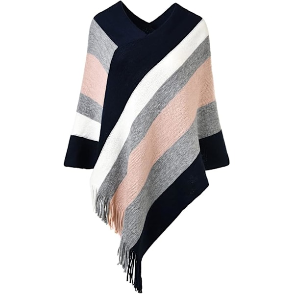 Pretty Women Striped Poncho Soft Warm Fringed Shawl for Autumn Winter, Length: 60-80 cm