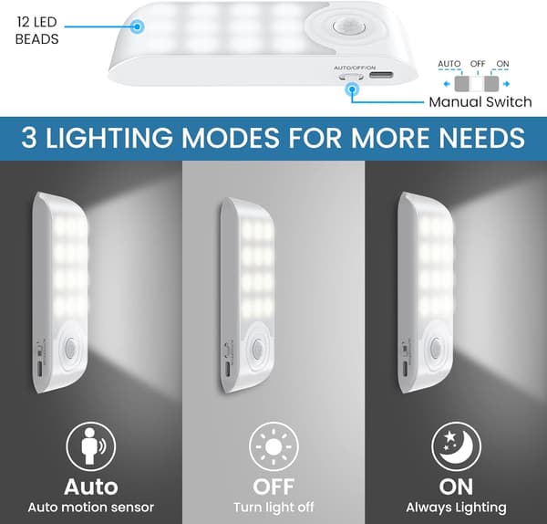 Automatisk LED [2-pak], 12 LED USB genopladelig skab natlys