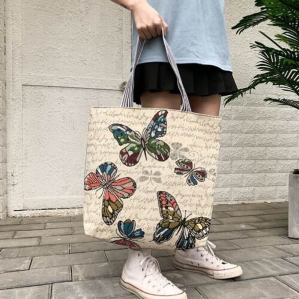 XL fjärilsmönstrad canvas tote väska klassisk casual dam shopping axelväska, 1 st