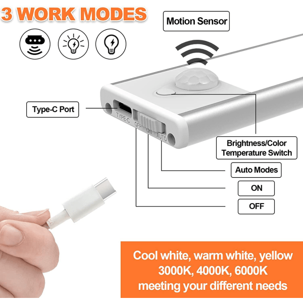 Skaplys, LED-lys med bevegelsessensor, USB-oppladbar, LED-skaplys med magnetstrimler (40 cm)