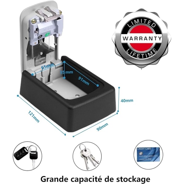 Sikkerhetsnøkkelboks, grå veggmontert nøkkelboks med 4-sifret kode, sikker nøkkel