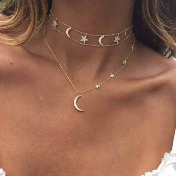 Boho flerlags krageben choker anheng halskjede krystall stjerne måne smykker