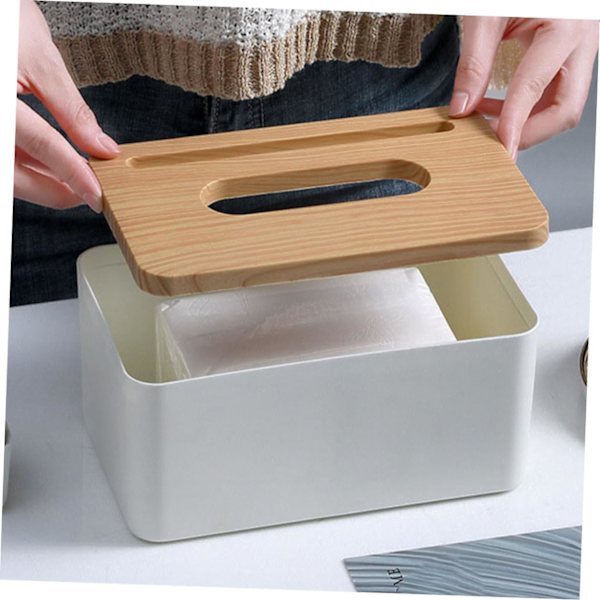 Paper Towel Box with Bamboo Lid White Large (21.6*13.4*10cm) Restaurant Pa