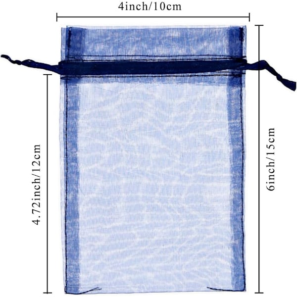100 läpinäkyvää organza-lahjapussia satiininauhalla 10 x 15 cm. Käytetään karkkipusseina, korupusseina, juhlalahjapusseina (sininen)