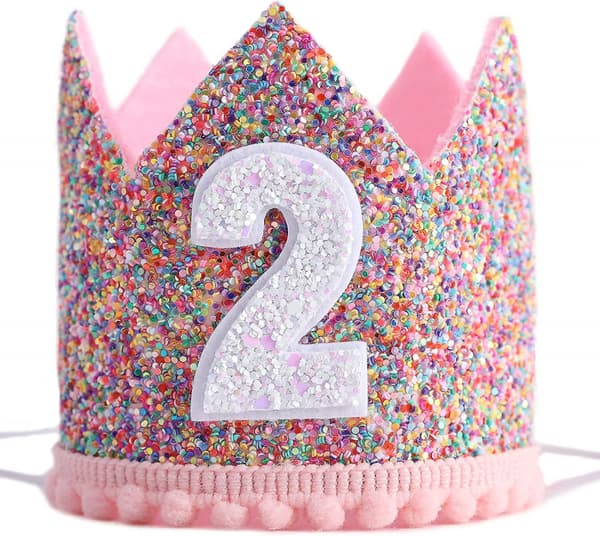 Regnbuekrone for 2-årsdagsfest - Glitter bursdagskrone, bursdagshatt