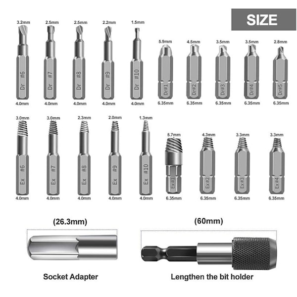 22 stk. Beskadigede Skrueudtrækningsværktøjer, Adskilte og Udtrækningsbor til Beskadigede Bolte eller Skruer, Sort
