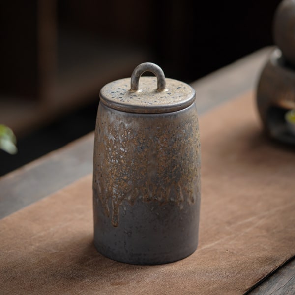1st gyllene svart keramikaska förvaringsburk, japansk zen vintage
