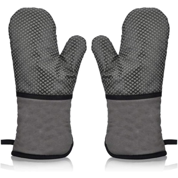 Ugn Anti Slip Silikon Dubbel Ugnsvante, Professionell Termisk Ugnsvante Värmebeständig Mjuk Lång Bomulls Ugnshandskar (Grå)