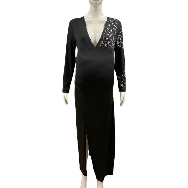 Maternity Langærmet V-hals Rhinestone Faux Wrap Maxi Kjole(Sort-XL)