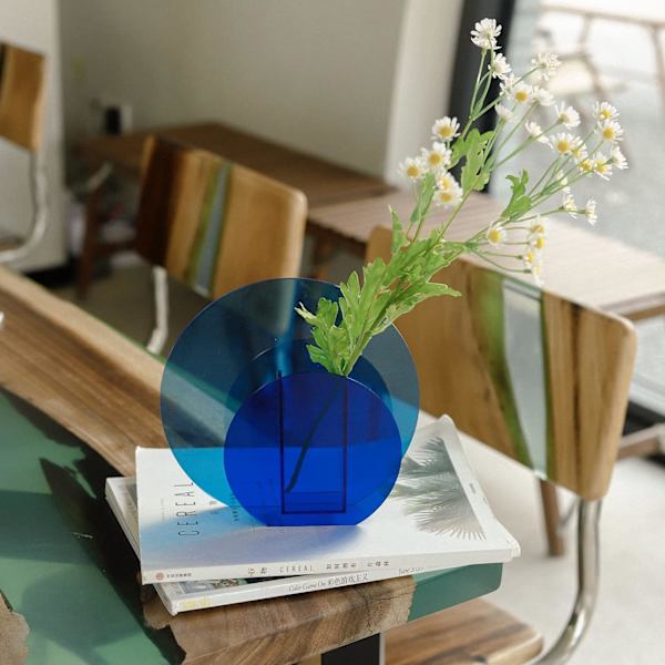 Modern funky akryl blomvas för dekoration, unik transparent pennhållare, rund dekorativ vas för vardagsrum, kontor, bröllop - Blå rund