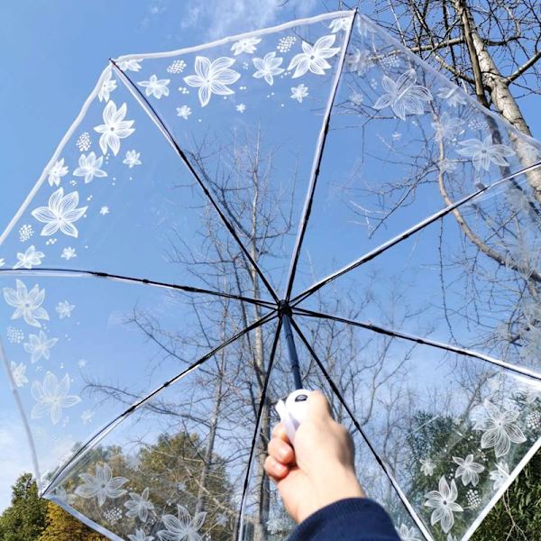 1-pack transparent paraply för kvinnor, blommig, hopfällbar, vit, student, kreativ, automatisk, transparent paraply, dekorativ fotopose, förhindrar att paraplyet täcker ansiktet