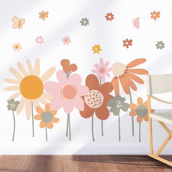 Färgglada blommor väggdekal retro boho blommor väggdekaler väggdekor för vardagsrum sovrum hemmakontor
