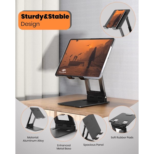 Sammenleggbart og høydejusterbart nettbrettstativ for skrivebord, robust iPad-holder i aluminium, kompatibelt med 4\" til 13\" nettbrett - Svart