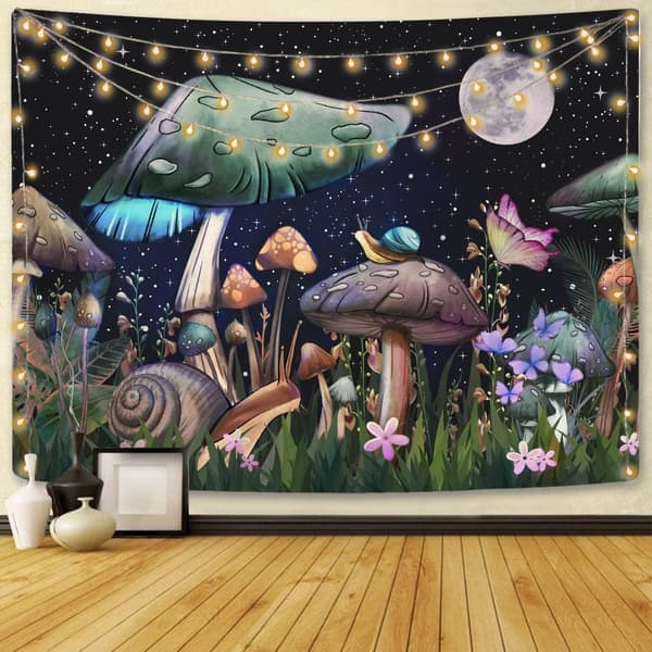 Trippy svamp gobeläng, måne och stjärnor gobelänger med snigel flöde
